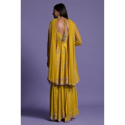 "Two Sisters" by Gyans Yellow Silk Embroidered Sharara with Kurta & Dupatta (Set of 3)