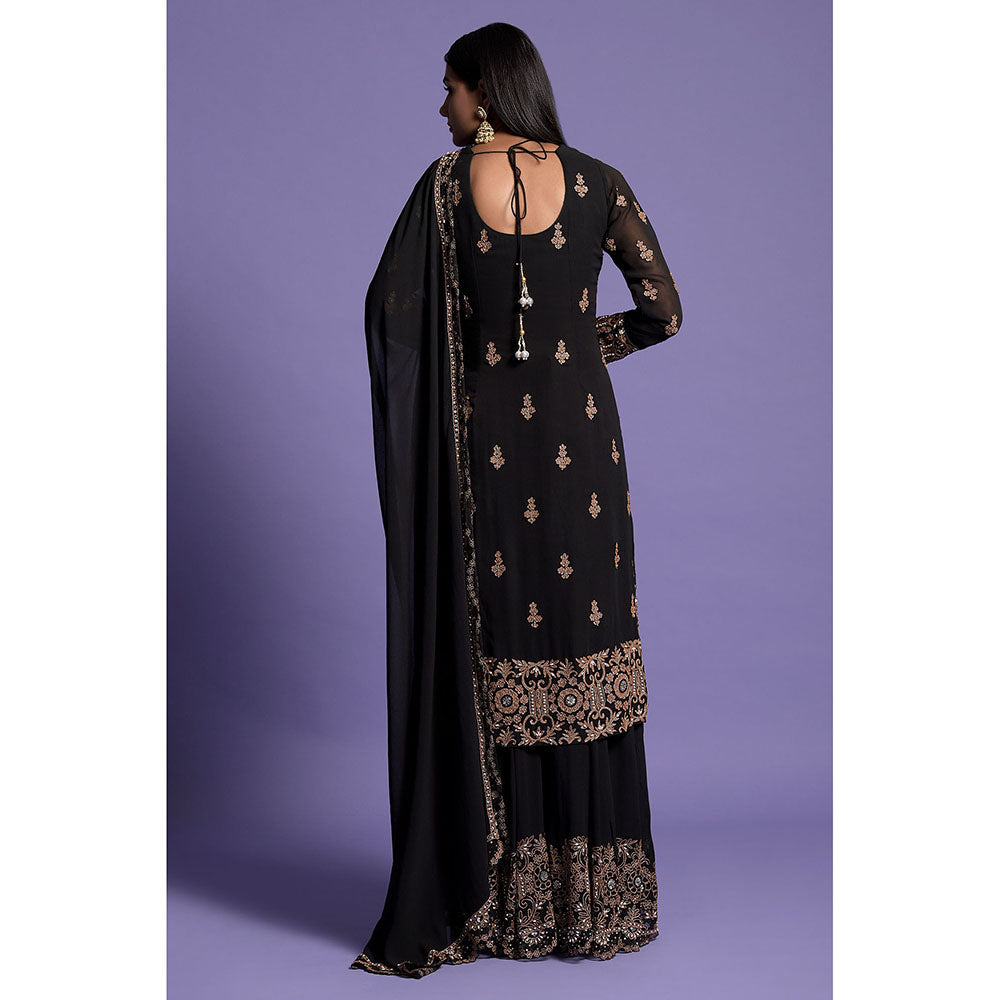 "Two Sisters" by Gyans Black Zardosi Embroidered Sharara with Kurta & Dupatta (Set of 3)
