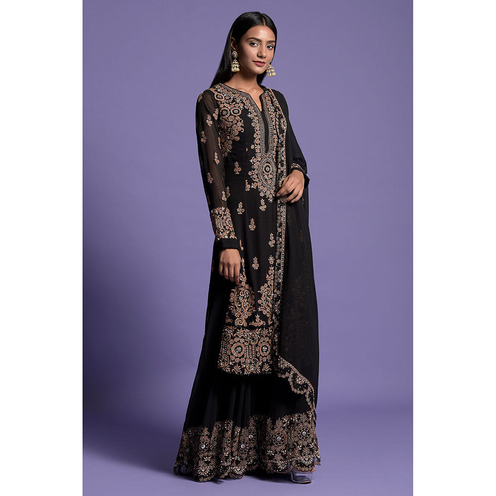 "Two Sisters" by Gyans Black Zardosi Embroidered Sharara with Kurta & Dupatta (Set of 3)