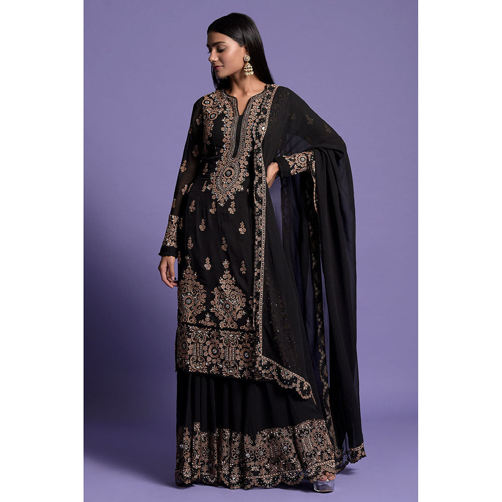 "Two Sisters" by Gyans Black Zardosi Embroidered Sharara with Kurta & Dupatta (Set of 3)
