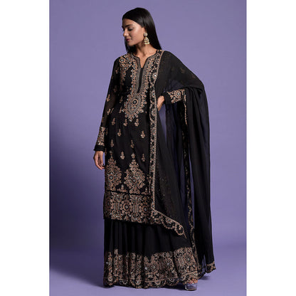 "Two Sisters" by Gyans Black Zardosi Embroidered Sharara with Kurta & Dupatta (Set of 3)