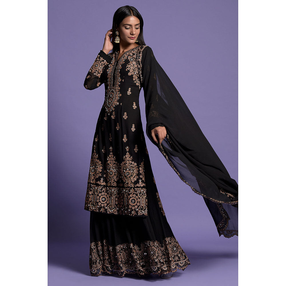 "Two Sisters" by Gyans Black Zardosi Embroidered Sharara with Kurta & Dupatta (Set of 3)