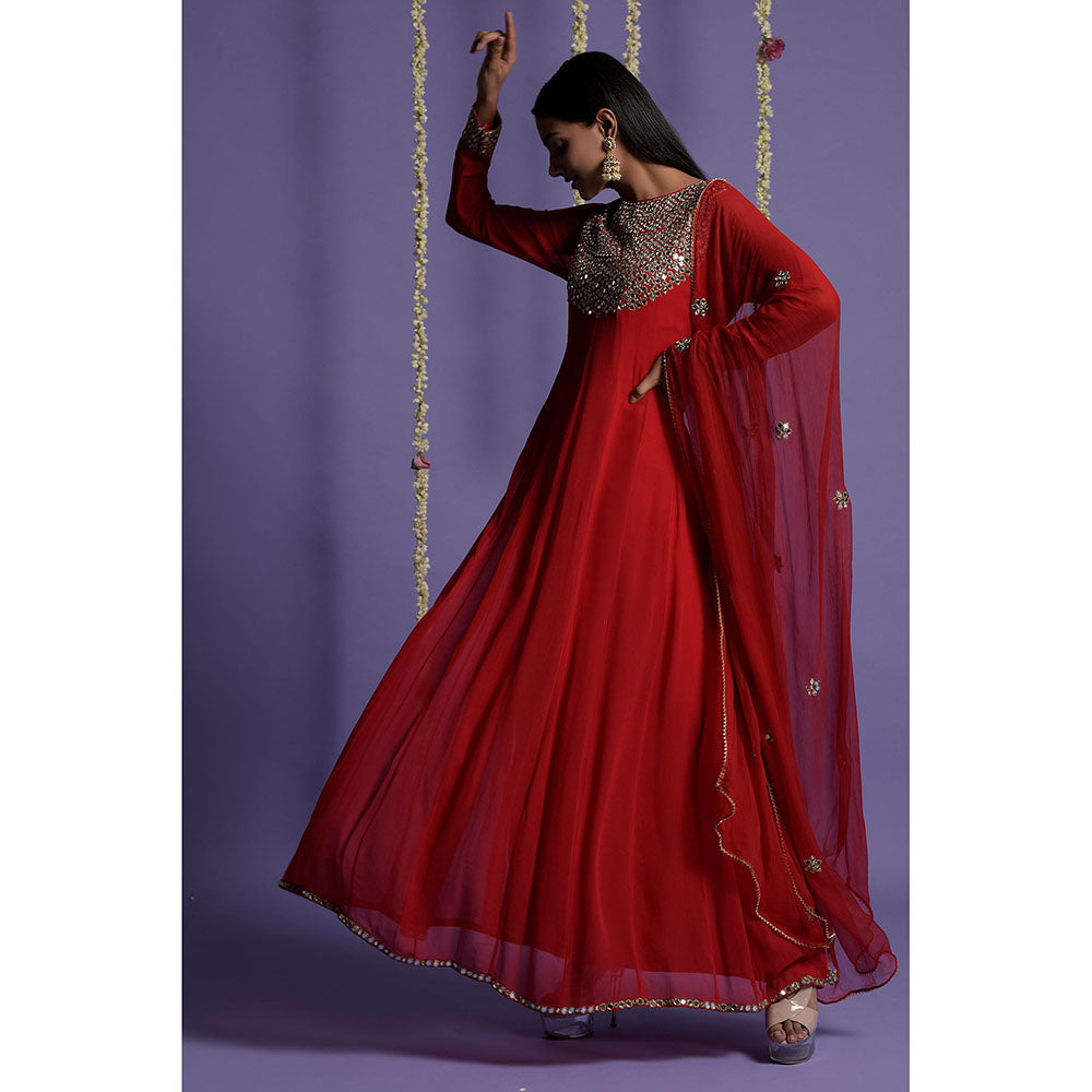 "Two Sisters" by Gyans Red Georgette Mirror Work Embroidered Anarkali with Dupatta (Set of 2)