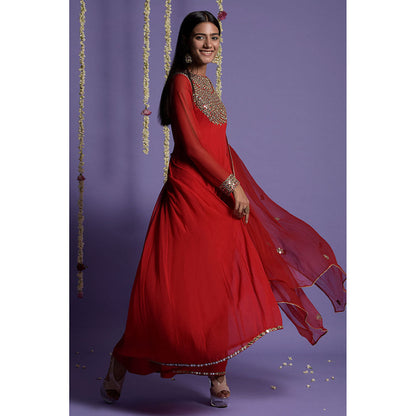 "Two Sisters" by Gyans Red Georgette Mirror Work Embroidered Anarkali with Dupatta (Set of 2)