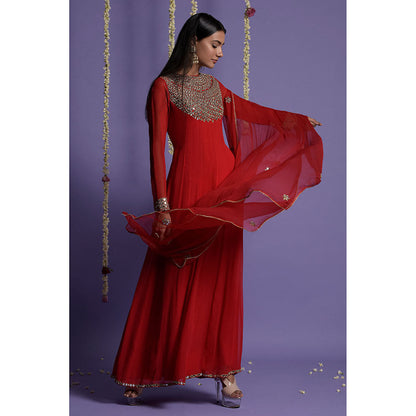 "Two Sisters" by Gyans Red Georgette Mirror Work Embroidered Anarkali with Dupatta (Set of 2)