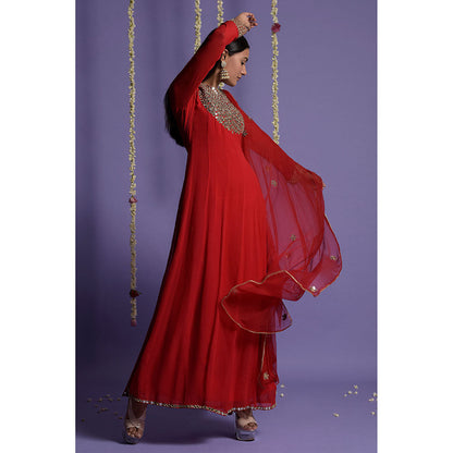 "Two Sisters" by Gyans Red Georgette Mirror Work Embroidered Anarkali with Dupatta (Set of 2)