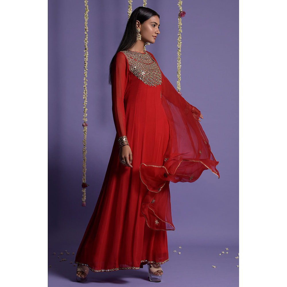 "Two Sisters" by Gyans Red Georgette Mirror Work Embroidered Anarkali with Dupatta (Set of 2)