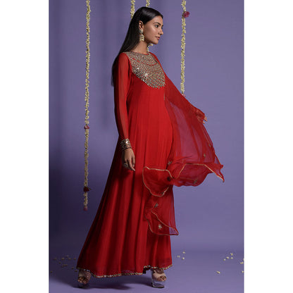 "Two Sisters" by Gyans Red Georgette Mirror Work Embroidered Anarkali with Dupatta (Set of 2)