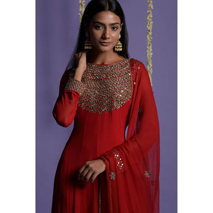 "Two Sisters" by Gyans Red Georgette Mirror Work Embroidered Anarkali with Dupatta (Set of 2)
