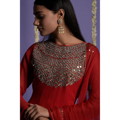 "Two Sisters" by Gyans Red Georgette Mirror Work Embroidered Anarkali with Dupatta (Set of 2)