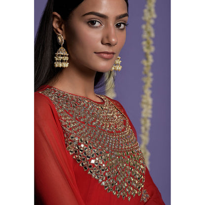 "Two Sisters" by Gyans Red Georgette Mirror Work Embroidered Anarkali with Dupatta (Set of 2)