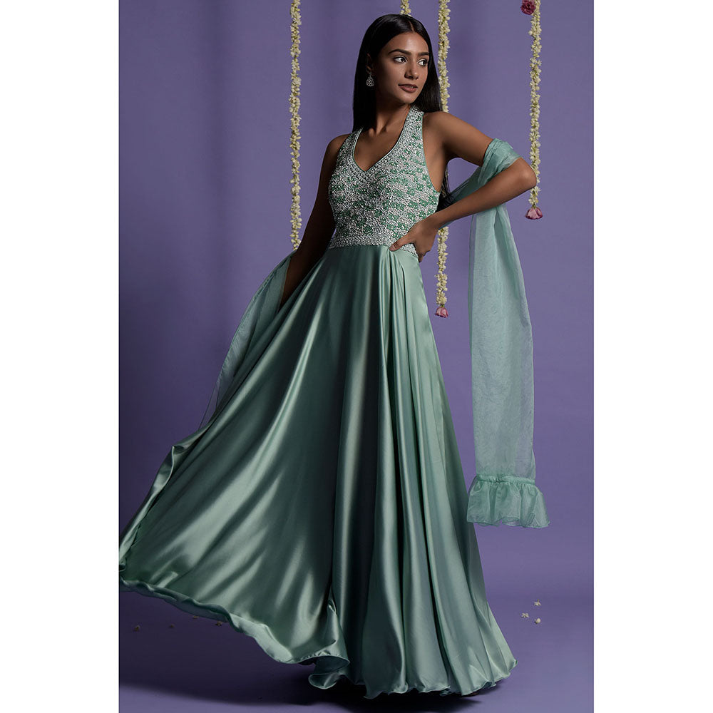 "Two Sisters" by Gyans Sea Green Satin Sequin Embroidered Anarkali with Dupatta (Set of 2)