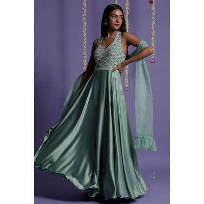 "Two Sisters" by Gyans Sea Green Satin Sequin Embroidered Anarkali with Dupatta (Set of 2)