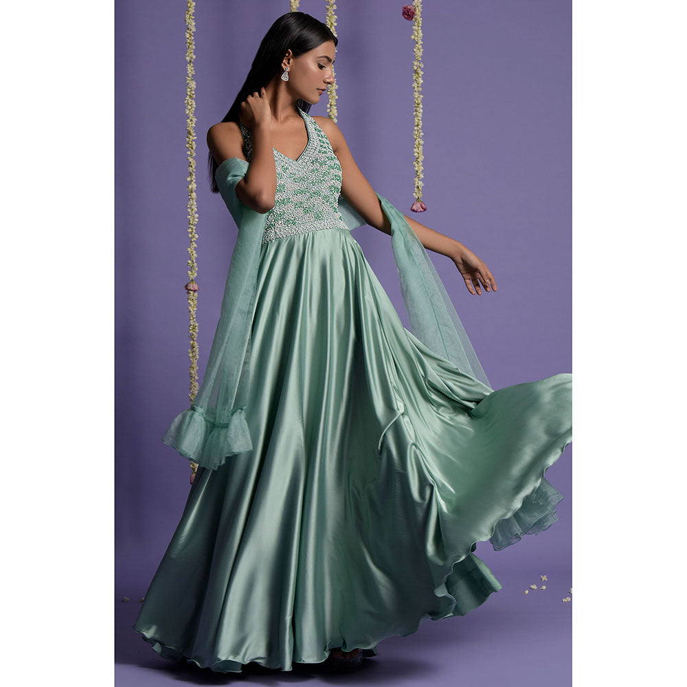 "Two Sisters" by Gyans Sea Green Satin Sequin Embroidered Anarkali with Dupatta (Set of 2)