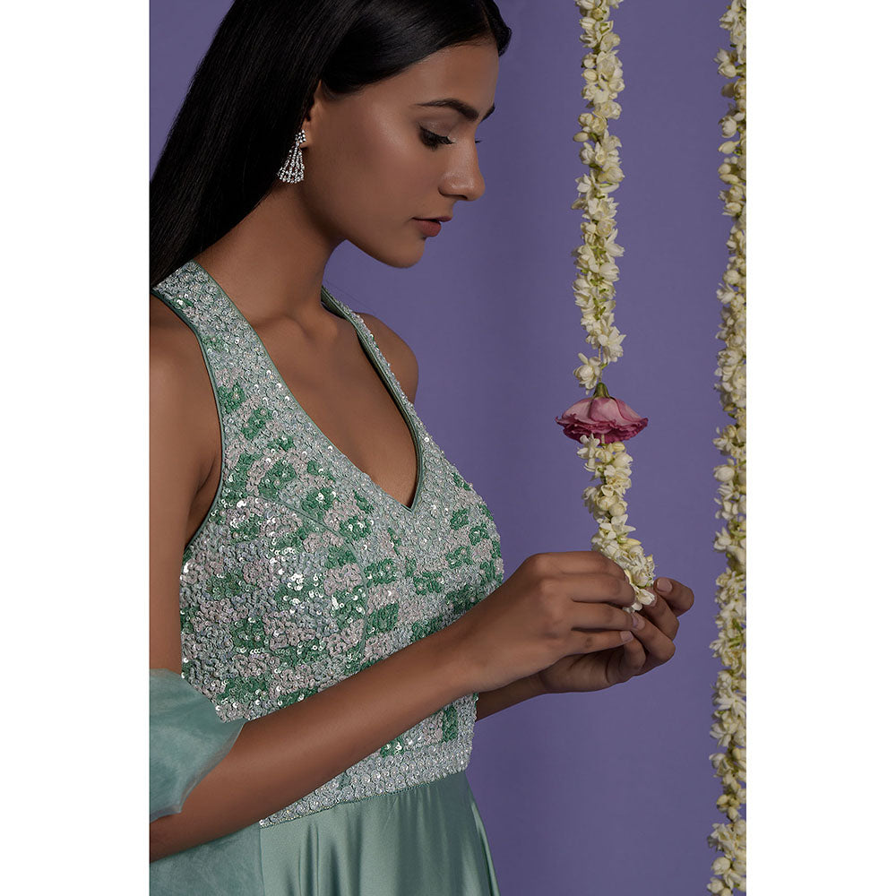 "Two Sisters" by Gyans Sea Green Satin Sequin Embroidered Anarkali with Dupatta (Set of 2)