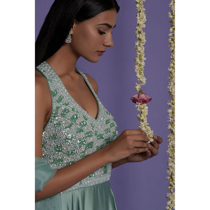 "Two Sisters" by Gyans Sea Green Satin Sequin Embroidered Anarkali with Dupatta (Set of 2)