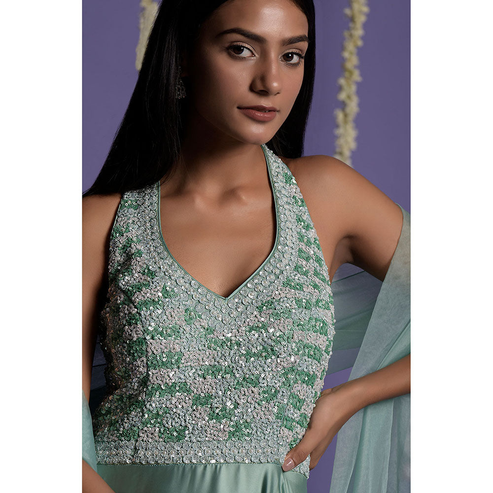 "Two Sisters" by Gyans Sea Green Satin Sequin Embroidered Anarkali with Dupatta (Set of 2)