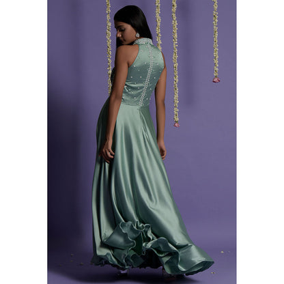 "Two Sisters" by Gyans Sea Green Satin Sequin Embroidered Anarkali with Dupatta (Set of 2)