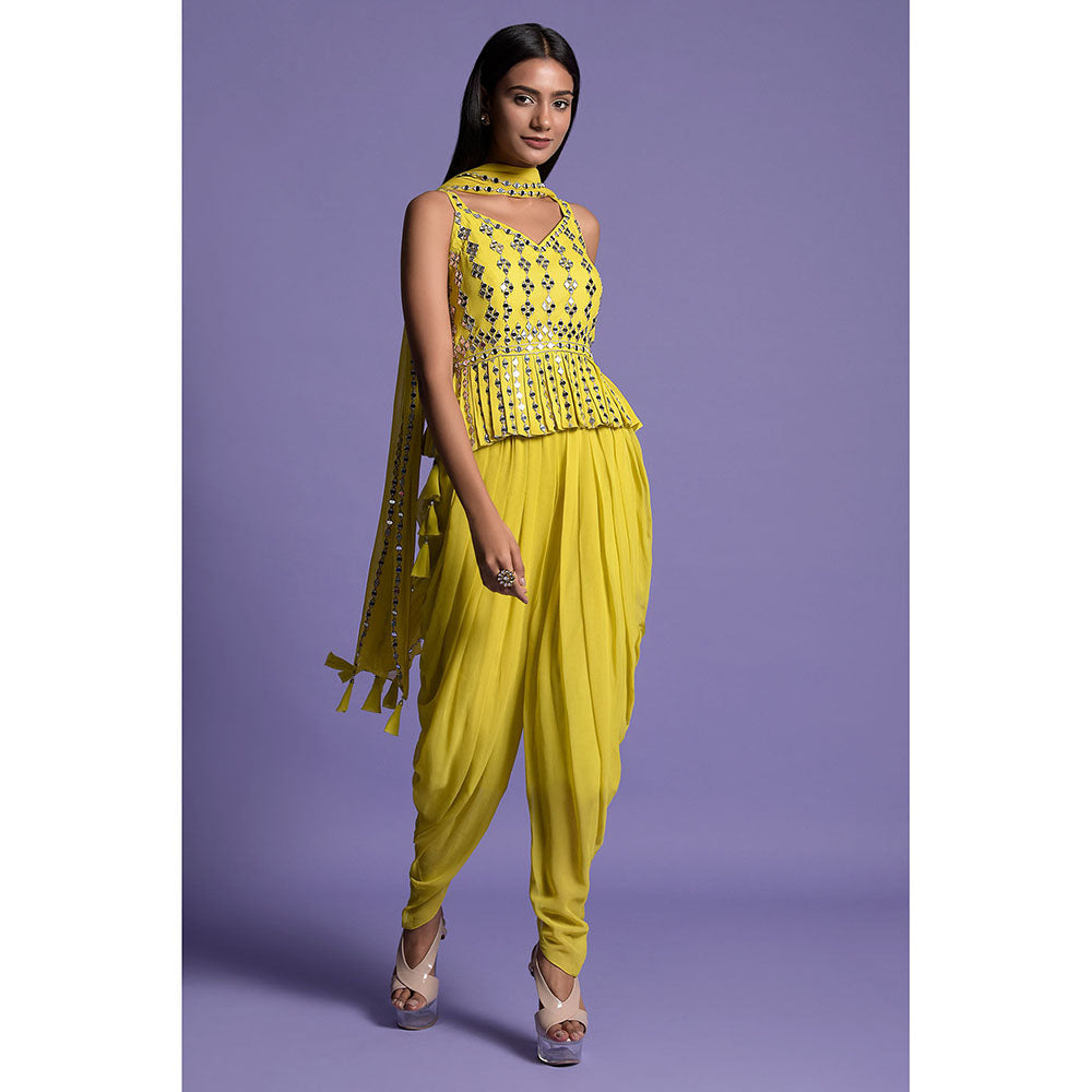 "Two Sisters" by Gyans Yellow Georgette Dhoti with Top & Dupatta (Set of 3)