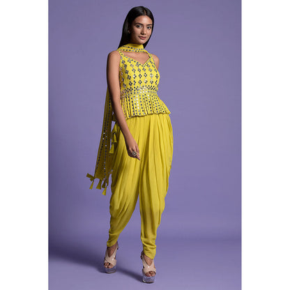 "Two Sisters" by Gyans Yellow Georgette Dhoti with Top & Dupatta (Set of 3)