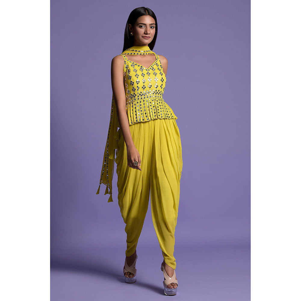 "Two Sisters" by Gyans Yellow Georgette Dhoti with Top & Dupatta (Set of 3)