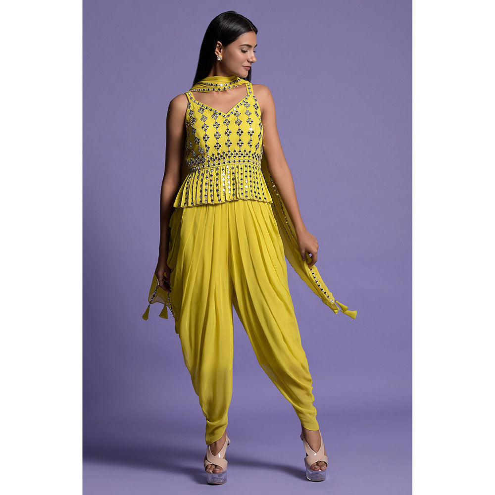 "Two Sisters" by Gyans Yellow Georgette Dhoti with Top & Dupatta (Set of 3)