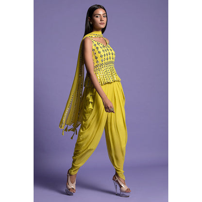 "Two Sisters" by Gyans Yellow Georgette Dhoti with Top & Dupatta (Set of 3)