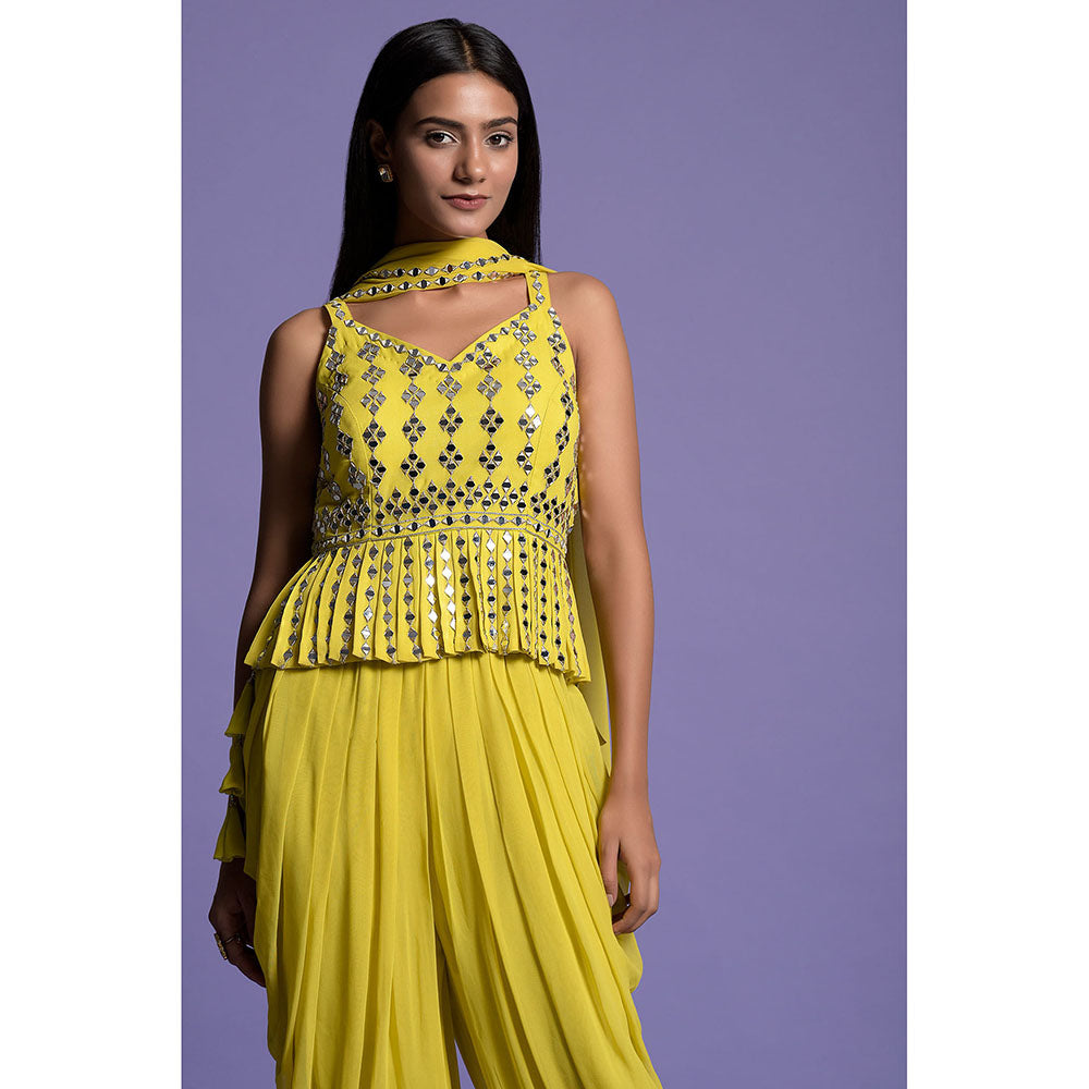 "Two Sisters" by Gyans Yellow Georgette Dhoti with Top & Dupatta (Set of 3)