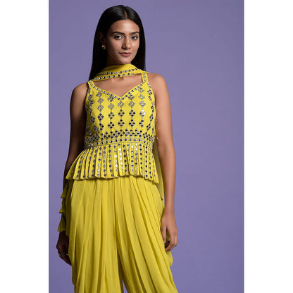 "Two Sisters" by Gyans Yellow Georgette Dhoti with Top & Dupatta (Set of 3)