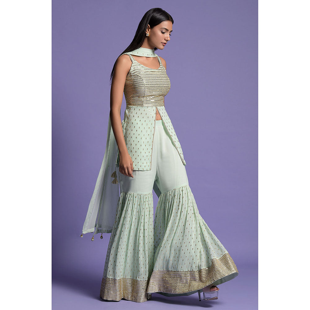 "Two Sisters" by Gyans Green Sequined Embroidered Sharara with Kurti & Dupatta (Set of 3)