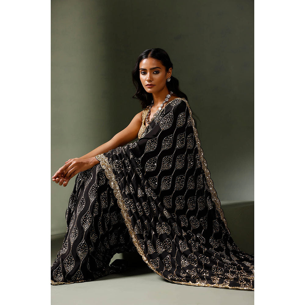 "Two Sisters" by Gyans Black Saree with Unstitched Blouse