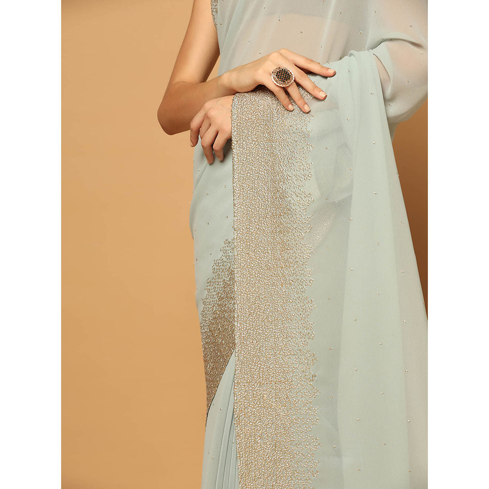 "Two Sisters" by Gyans Powder Blue Sequins Embroidered Saree with Unstitched Blouse