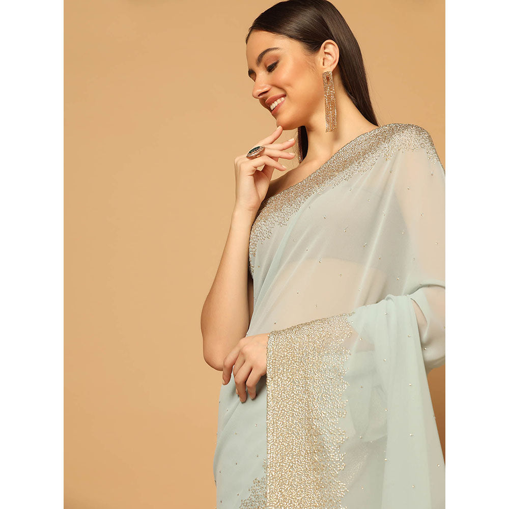 "Two Sisters" by Gyans Powder Blue Sequins Embroidered Saree with Unstitched Blouse