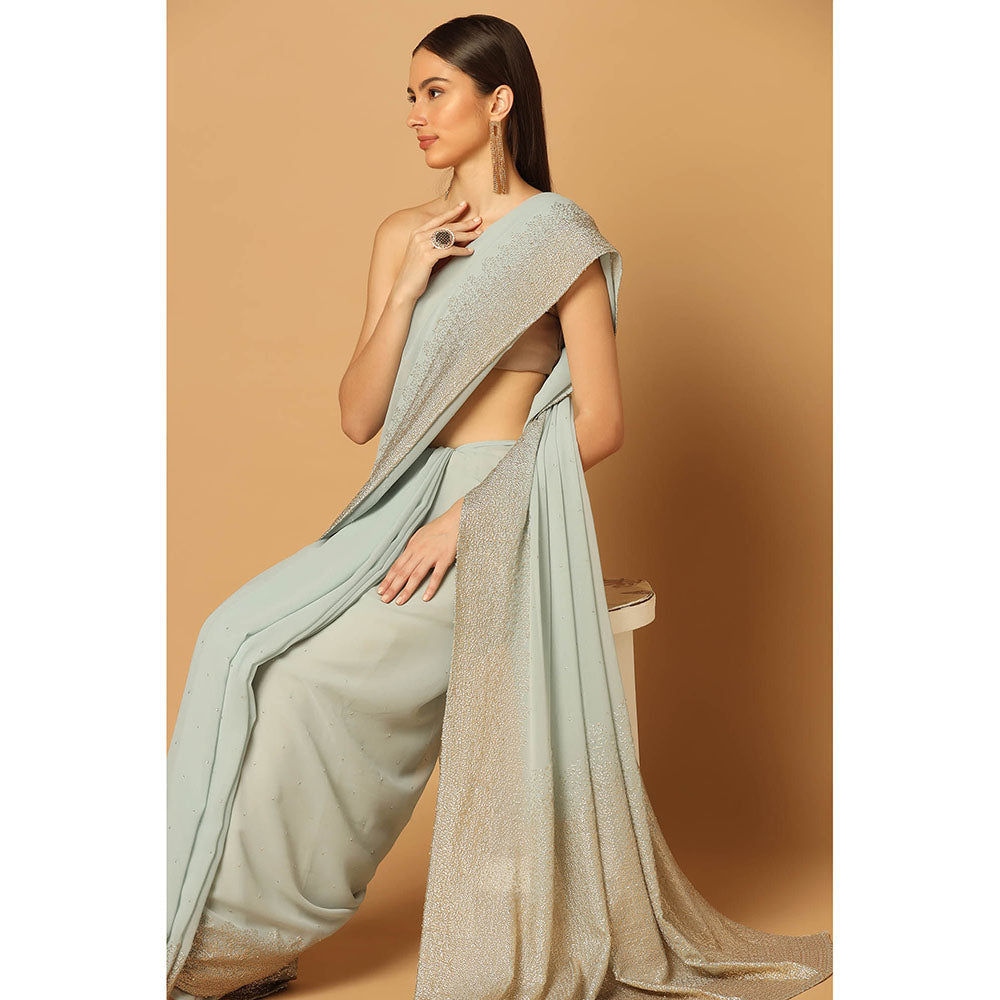 "Two Sisters" by Gyans Powder Blue Sequins Embroidered Saree with Unstitched Blouse