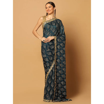 "Two Sisters" by Gyans Teal Gold Jaal Embroidered Saree with Unstitched Blouse
