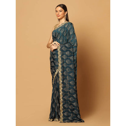 "Two Sisters" by Gyans Teal Gold Jaal Embroidered Saree with Unstitched Blouse