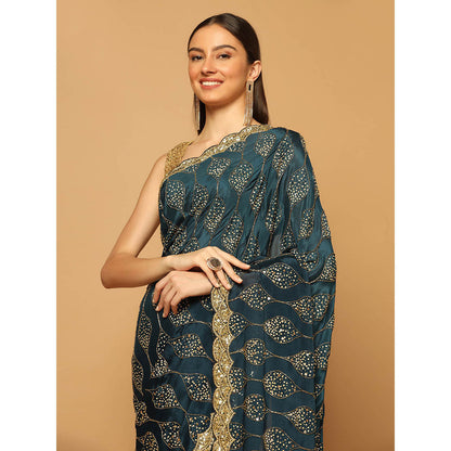 "Two Sisters" by Gyans Teal Gold Jaal Embroidered Saree with Unstitched Blouse