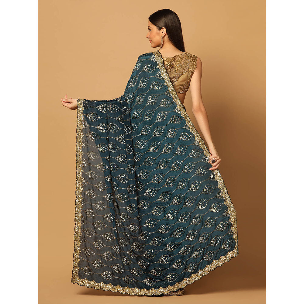"Two Sisters" by Gyans Teal Gold Jaal Embroidered Saree with Unstitched Blouse