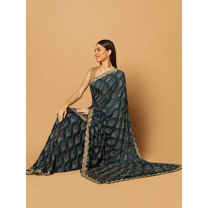 "Two Sisters" by Gyans Teal Gold Jaal Embroidered Saree with Unstitched Blouse
