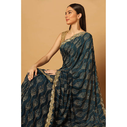 "Two Sisters" by Gyans Teal Gold Jaal Embroidered Saree with Unstitched Blouse