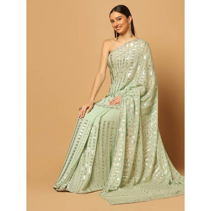 "Two Sisters" by Gyans Mint Green Embroidered Sequins Saree with Unstitched Blouse