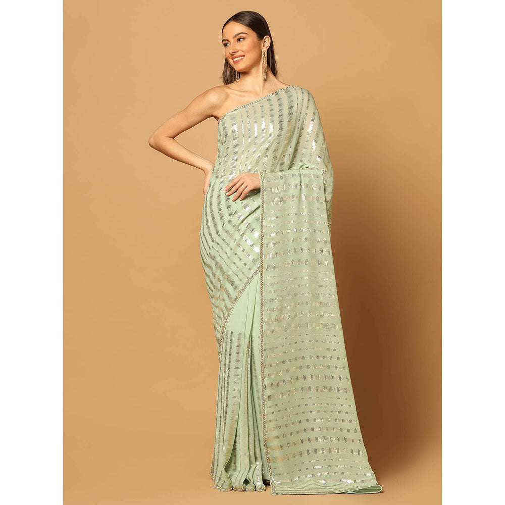 "Two Sisters" by Gyans Mint Green Embroidered Sequins Saree with Unstitched Blouse