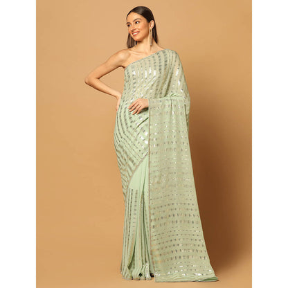 "Two Sisters" by Gyans Mint Green Embroidered Sequins Saree with Unstitched Blouse