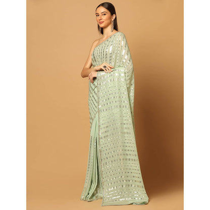 "Two Sisters" by Gyans Mint Green Embroidered Sequins Saree with Unstitched Blouse