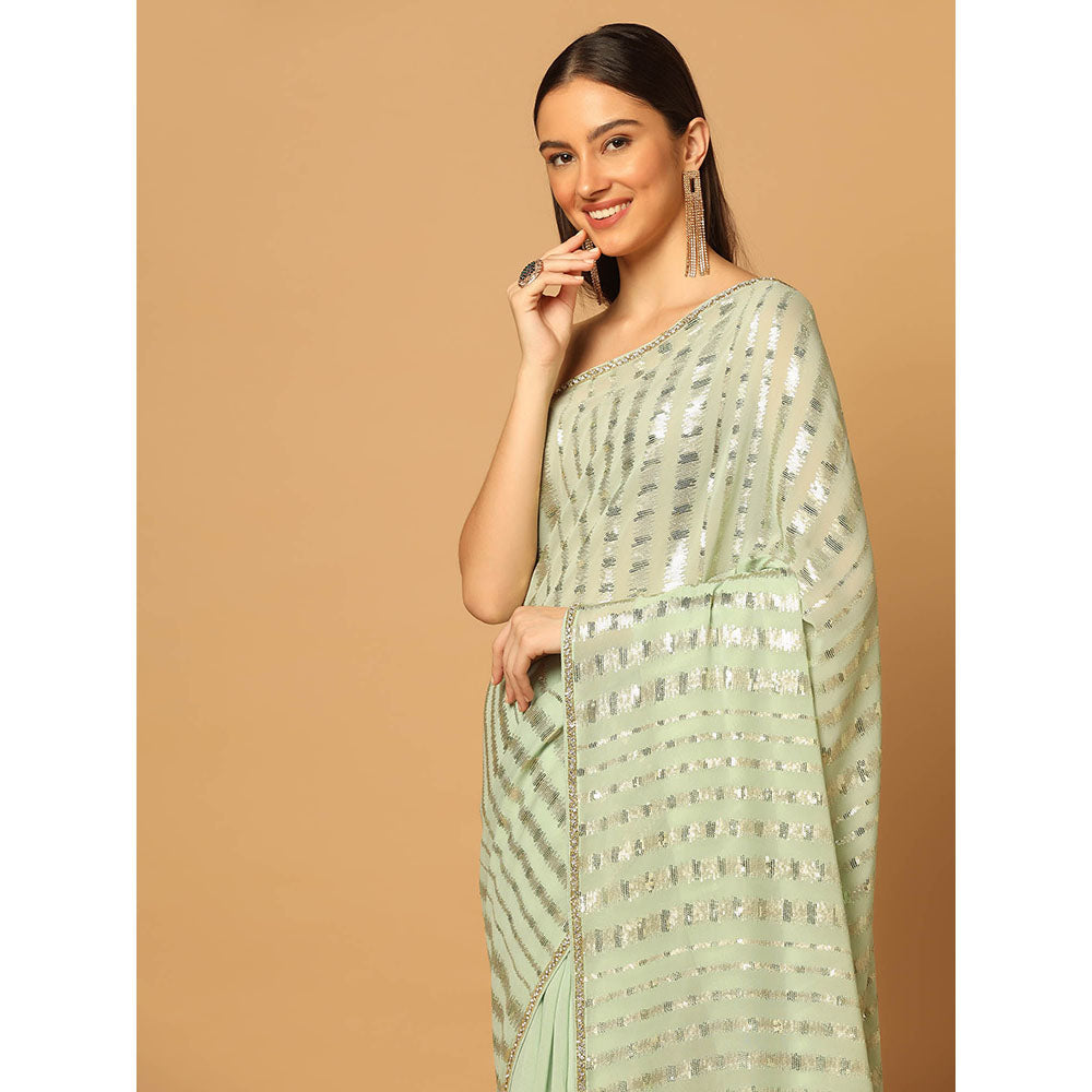 "Two Sisters" by Gyans Mint Green Embroidered Sequins Saree with Unstitched Blouse