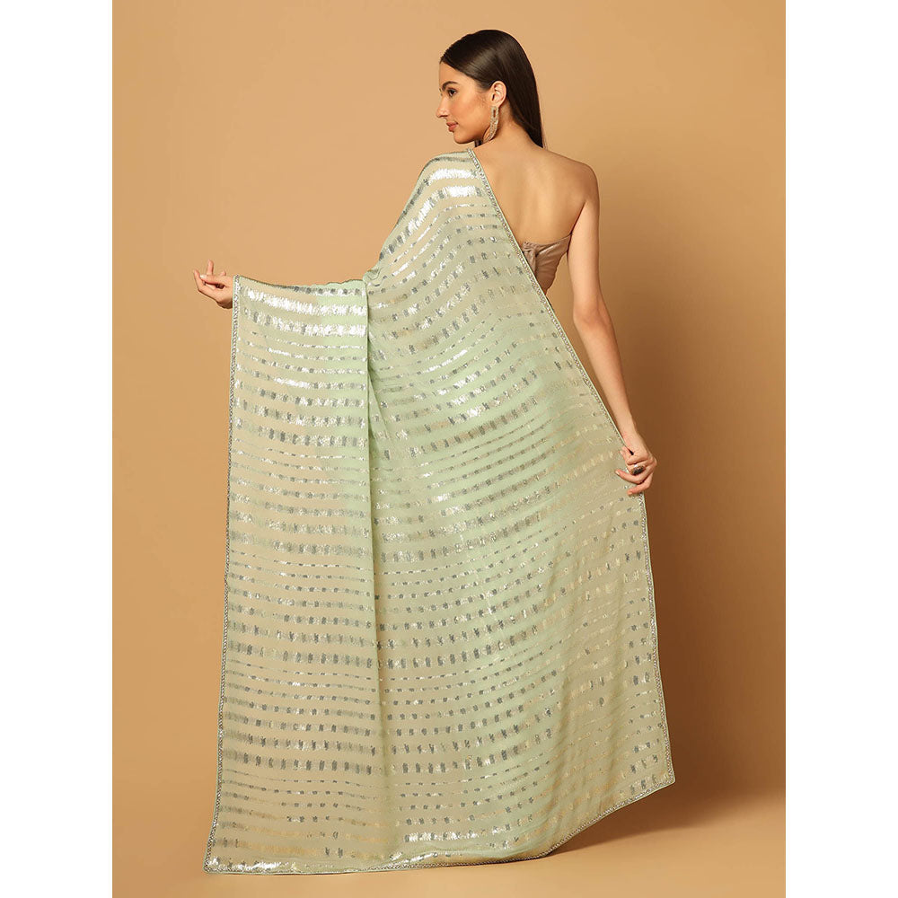 "Two Sisters" by Gyans Mint Green Embroidered Sequins Saree with Unstitched Blouse