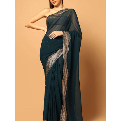 "Two Sisters" by Gyans Teal Blue Embroidered Saree with Unstitched Blouse