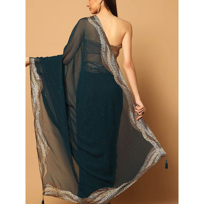 "Two Sisters" by Gyans Teal Blue Embroidered Saree with Unstitched Blouse