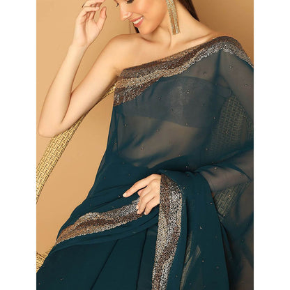 "Two Sisters" by Gyans Teal Blue Embroidered Saree with Unstitched Blouse