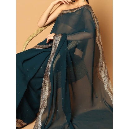 "Two Sisters" by Gyans Teal Blue Embroidered Saree with Unstitched Blouse